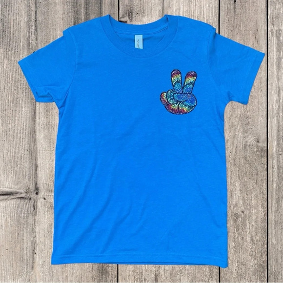 Girls Rhinestone Peace Sign Short Sleeve Tee Shirt Size Small Boutique Handmade - Picture 1 of 7